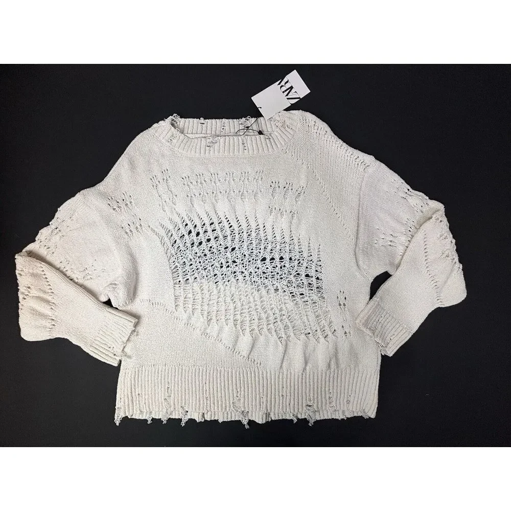Zara Ripped Open Knit Sweater‎ Cream Womens Medium Crochet Distressed Spain NWT - Picture 12 of 12